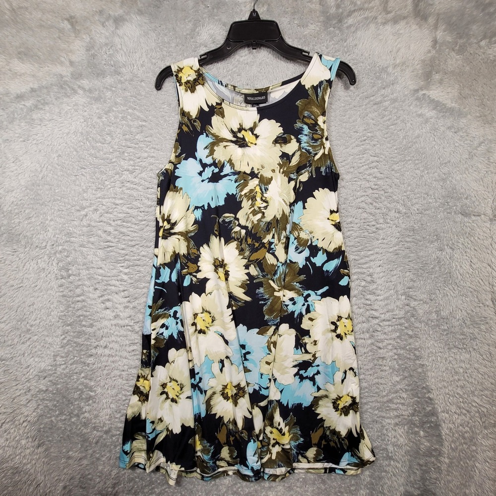 Nina Leonard Floral Print Tank Dress Womens M Sleeveless‎ Casual Sun Pockets